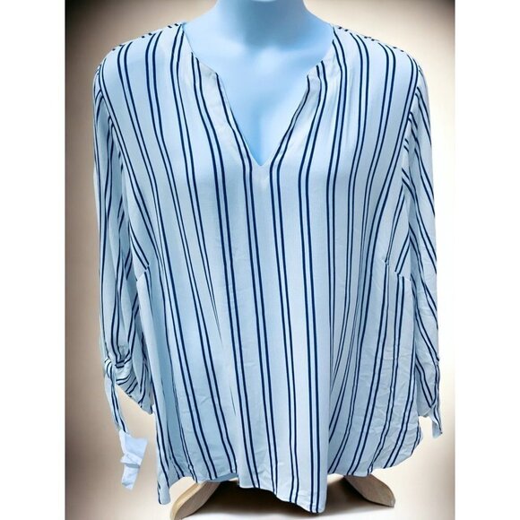 MICHAEL MICHAEL KORS BLUE WHITE STRIPED VNECK LIGHTWEIGHT NAUTICAL TUNIC TOP 2X - Picture 10 of 10
